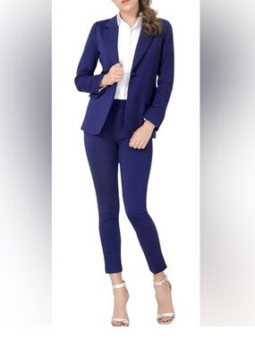 Size 10 Mary Crafts Navy Blue Modern Pant Suit with Ann Taylor Draped Top Sz M